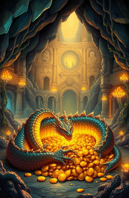 A captivating illustration of a dragon's lair situated in a mystical and ancient kingdom beneath the earth