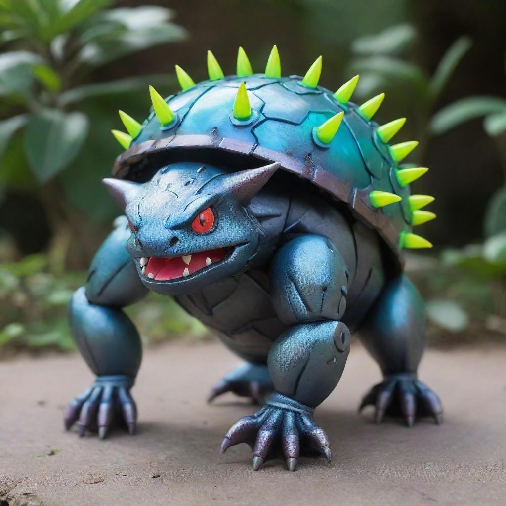 A colossal mechanical version of a Venusaur Pokemon, constructed from hard polished iron with neon accents, neon markings and glowing enhancements that indicate superior futuristic technology.