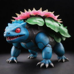 A colossal mechanical version of a Venusaur Pokemon, constructed from hard polished iron with neon accents, neon markings and glowing enhancements that indicate superior futuristic technology.