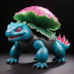 A colossal mechanical version of a Venusaur Pokemon, constructed from hard polished iron with neon accents, neon markings and glowing enhancements that indicate superior futuristic technology.