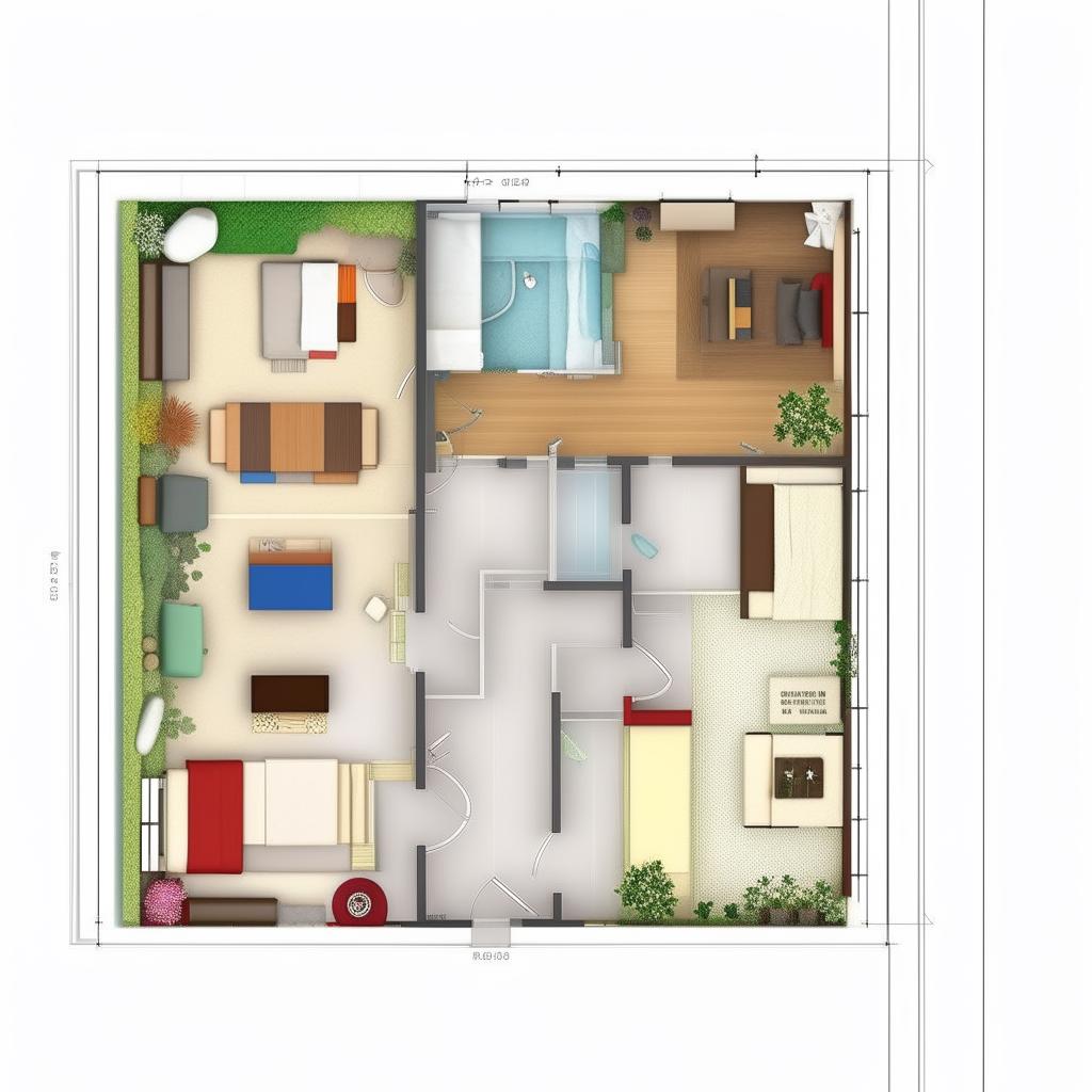 A detailed floor plan for a one bedroom flat, ideally suited for students, with interior shower and toilet, specifically designed to fit within a 1072 square meter land.