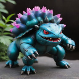 A colossal mechanical version of a Venusaur Pokemon, constructed from hard polished iron with neon accents, neon markings and glowing enhancements that indicate superior futuristic technology.