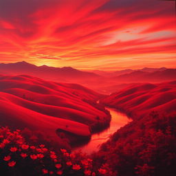 A breathtaking landscape painted in vibrant red tones, showcasing rolling hills bathed in sunset light, a fiery sky streaked with deep reds and oranges, and silhouettes of distant mountains