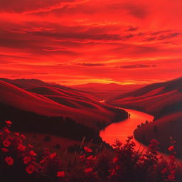 A breathtaking landscape painted in vibrant red tones, showcasing rolling hills bathed in sunset light, a fiery sky streaked with deep reds and oranges, and silhouettes of distant mountains