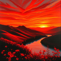 A breathtaking landscape painted in vibrant red tones, showcasing rolling hills bathed in sunset light, a fiery sky streaked with deep reds and oranges, and silhouettes of distant mountains