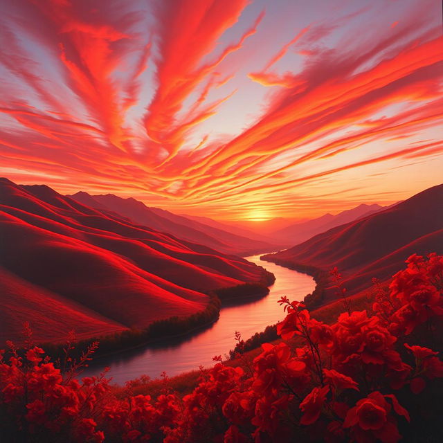 A breathtaking landscape painted in vibrant red tones, showcasing rolling hills bathed in sunset light, a fiery sky streaked with deep reds and oranges, and silhouettes of distant mountains