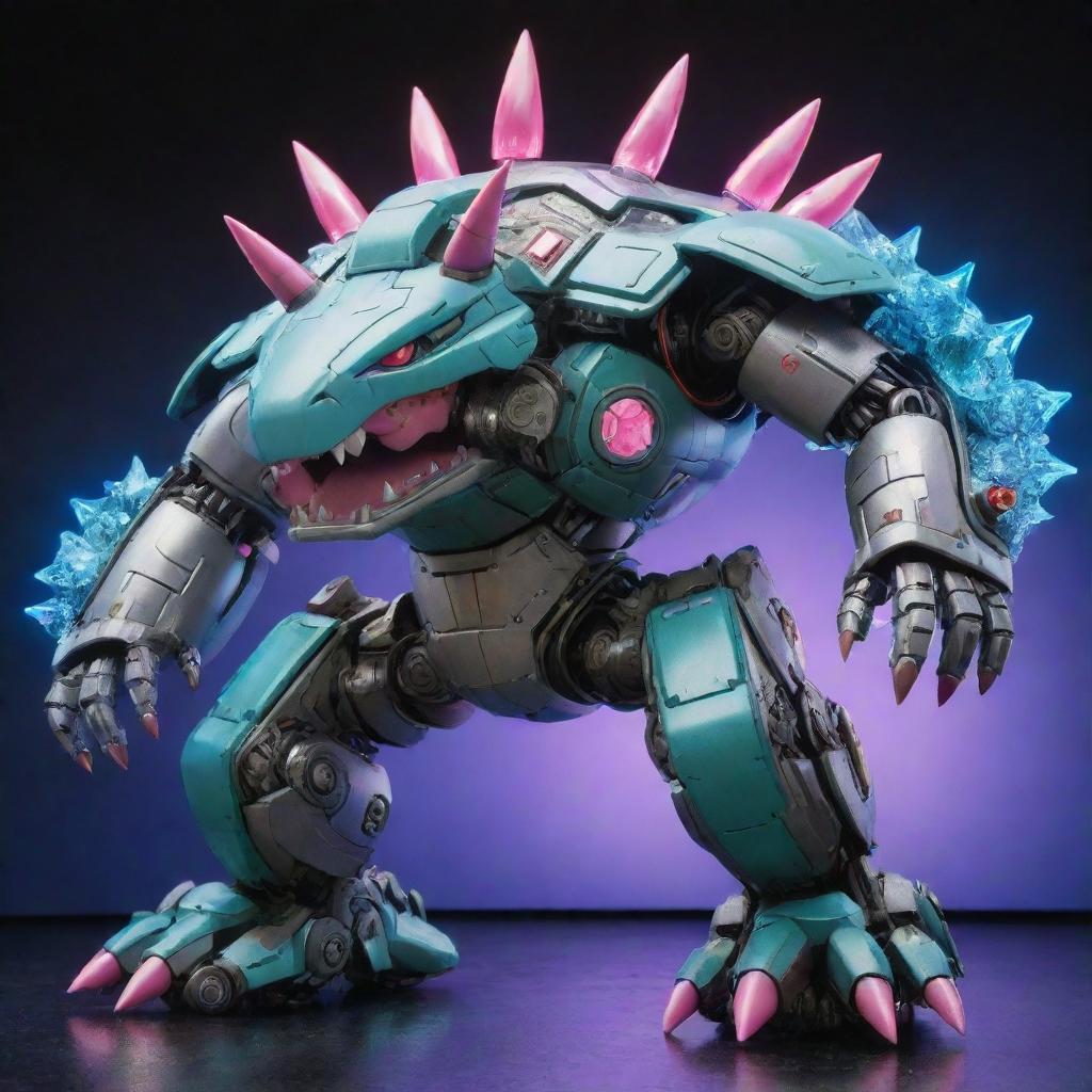 An enormous Venusaur styled mecha in an anime fashion, with sleek metallic surfaces, contrasting neon lights, and intricate technological details reminiscent of classic Japanese animation.