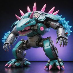 An enormous Venusaur styled mecha in an anime fashion, with sleek metallic surfaces, contrasting neon lights, and intricate technological details reminiscent of classic Japanese animation.