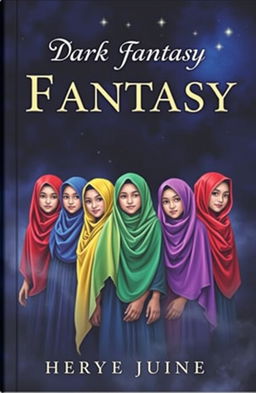A dark fantasy book cover featuring five Muslim girls, each wearing a vibrant bright hijab in various colors like red, blue, yellow, green, and purple