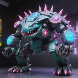 An enormous Venusaur styled mecha in an anime fashion, with sleek metallic surfaces, contrasting neon lights, and intricate technological details reminiscent of classic Japanese animation.