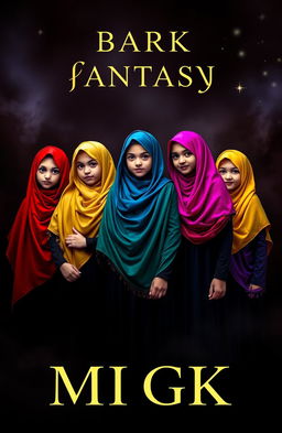 A dark fantasy book cover featuring five Muslim girls, each wearing a vibrant bright hijab in various colors like red, blue, yellow, green, and purple