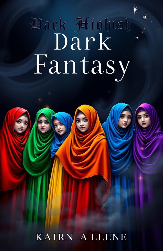 A dark fantasy book cover featuring five Muslim girls, each wearing a vibrant bright hijab in various colors like red, blue, yellow, green, and purple