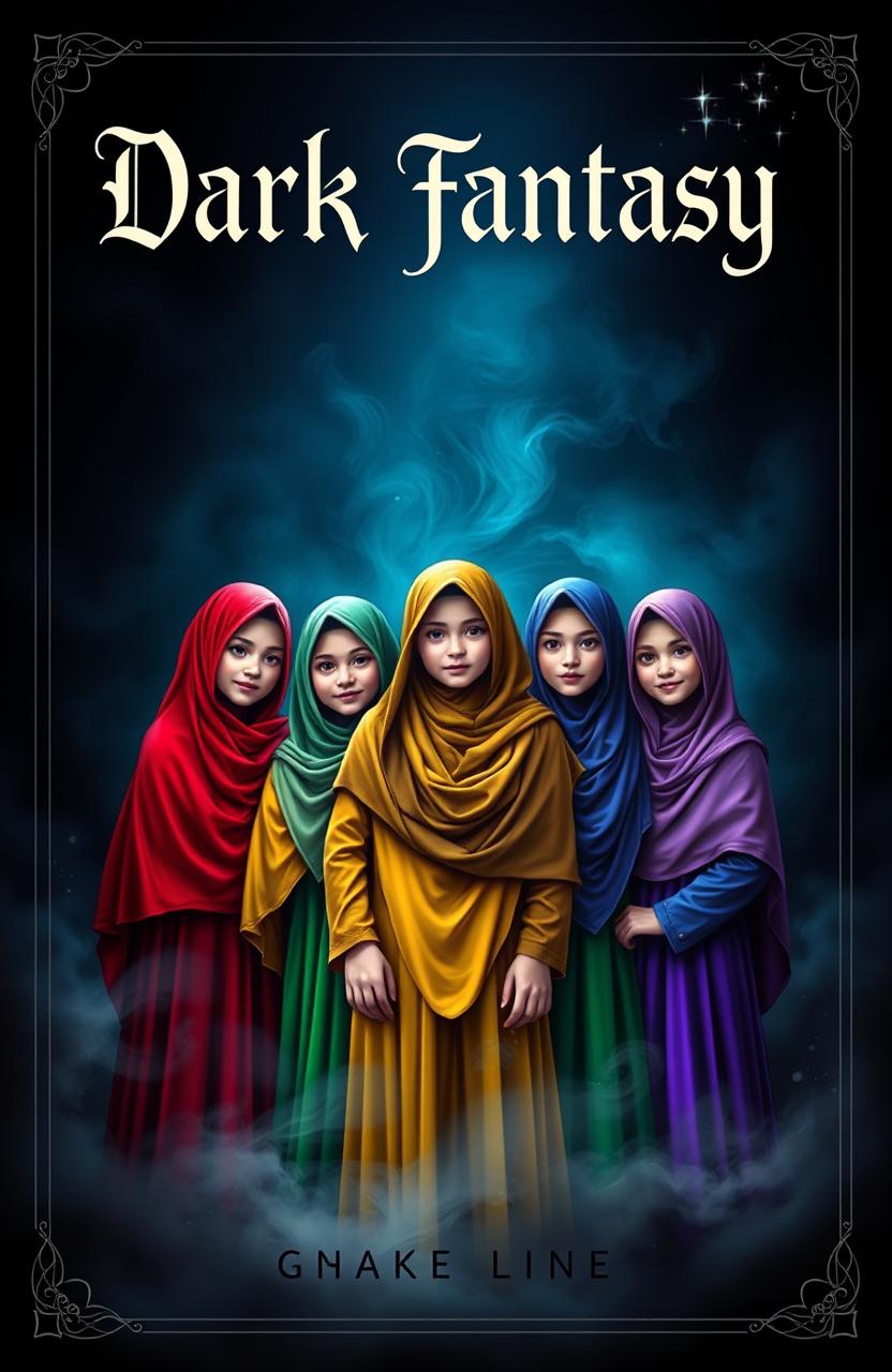 A dark fantasy book cover featuring five Muslim girls, each wearing a vibrant bright hijab in various colors like red, blue, yellow, green, and purple