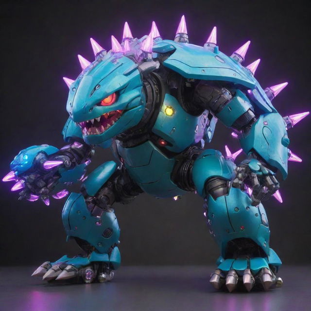 An enormous Venusaur styled mecha in an anime fashion, with sleek metallic surfaces, contrasting neon lights, and intricate technological details reminiscent of classic Japanese animation.