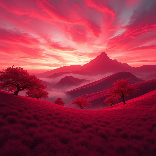 A surreal landscape bathed in red tones, featuring rolling hills and a vibrant sky filled with swirling crimson clouds