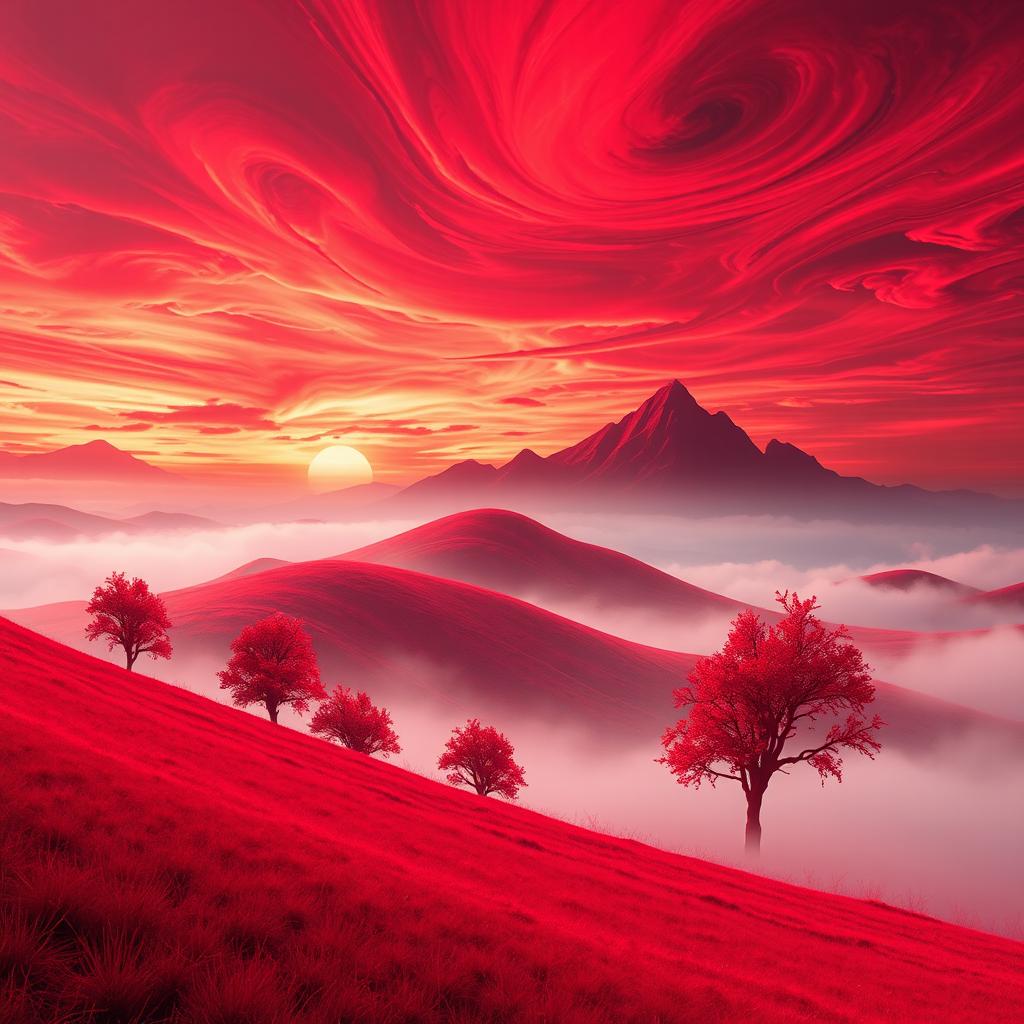 A surreal landscape bathed in red tones, featuring rolling hills and a vibrant sky filled with swirling crimson clouds