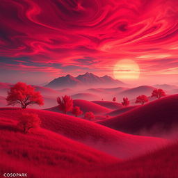 A surreal landscape bathed in red tones, featuring rolling hills and a vibrant sky filled with swirling crimson clouds