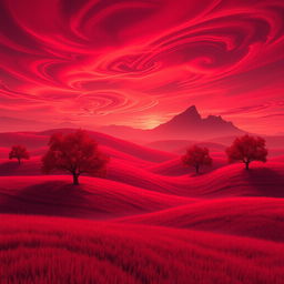 A surreal landscape bathed in red tones, featuring rolling hills and a vibrant sky filled with swirling crimson clouds