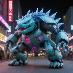 An enormous Venusaur styled mecha in an anime fashion, with sleek metallic surfaces, contrasting neon lights, and intricate technological details reminiscent of classic Japanese animation.