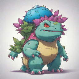 A towering robotic Venusaur drawn in a cartoonish style, equipped with clearly outlined metallic structures, bright colored adornments, and simple yet distinctive technological accents.