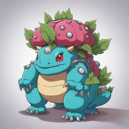 A towering robotic Venusaur drawn in a cartoonish style, equipped with clearly outlined metallic structures, bright colored adornments, and simple yet distinctive technological accents.