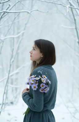A winter landscape depicted in a delicate and symbolic way, featuring a snow-covered forest in soft, muted tones where every branch seems to tell its own story