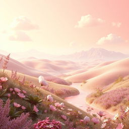 A surreal landscape featuring softly rolling hills and flowing valleys, all bathed in gentle light pink tones
