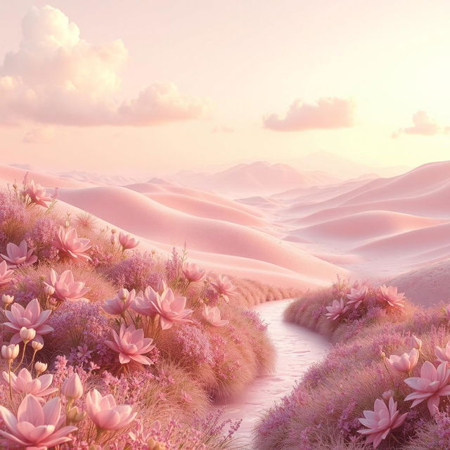 A surreal landscape featuring softly rolling hills and flowing valleys, all bathed in gentle light pink tones