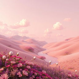 A surreal landscape featuring softly rolling hills and flowing valleys, all bathed in gentle light pink tones