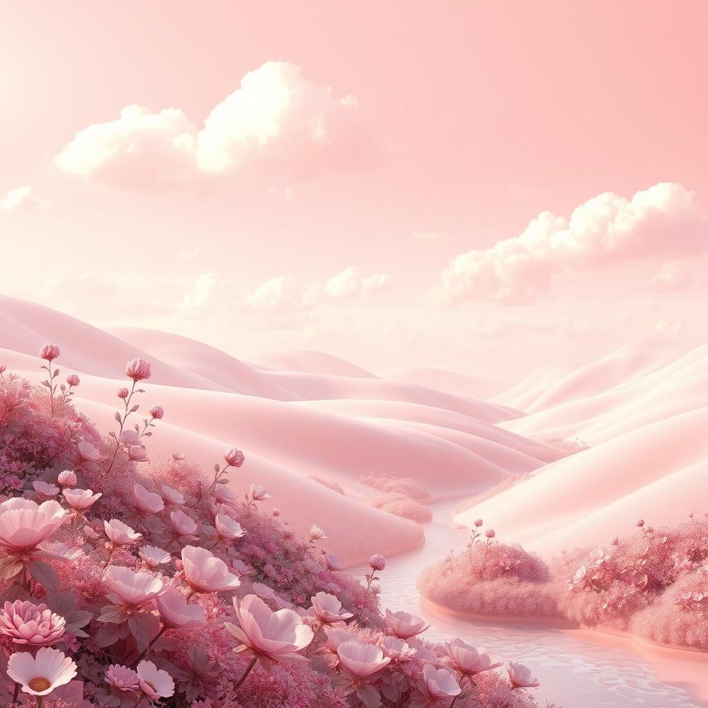 A surreal landscape featuring softly rolling hills and flowing valleys, all bathed in gentle light pink tones