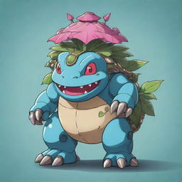 A towering robotic Venusaur drawn in a cartoonish style, equipped with clearly outlined metallic structures, bright colored adornments, and simple yet distinctive technological accents.