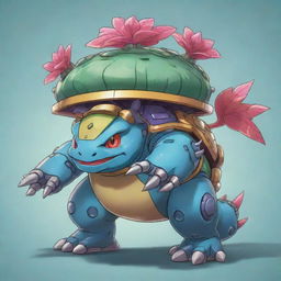 A towering robotic Venusaur drawn in a cartoonish style, equipped with clearly outlined metallic structures, bright colored adornments, and simple yet distinctive technological accents.