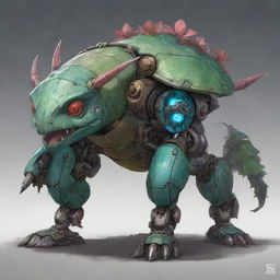 A concept art piece portraying a Venusaur-styled mecha. It's a wildly creative blend of organic and mechanical elements resonating with an industrial sci-fi aesthetic, featuring intricate mechanic systems and futuristic weapons.