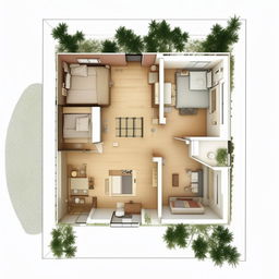 A detailed floor plan for a one bedroom flat, ideally suited for students, with interior shower and toilet, specifically designed to fit within a 1072 square meter land.