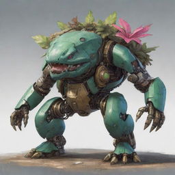 A concept art piece portraying a Venusaur-styled mecha. It's a wildly creative blend of organic and mechanical elements resonating with an industrial sci-fi aesthetic, featuring intricate mechanic systems and futuristic weapons.