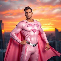 A heroic figure resembling Superman, wearing a light pink costume that is form-fitting and stylish, with a flowing cape and the iconic emblem across the chest