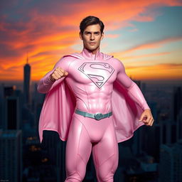 A heroic figure resembling Superman, wearing a light pink costume that is form-fitting and stylish, with a flowing cape and the iconic emblem across the chest