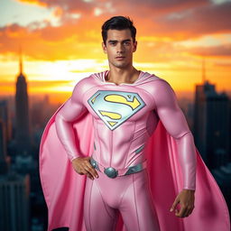 A heroic figure resembling Superman, wearing a light pink costume that is form-fitting and stylish, with a flowing cape and the iconic emblem across the chest