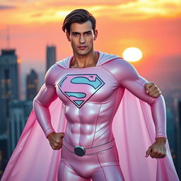 A heroic figure resembling Superman, wearing a light pink costume that is form-fitting and stylish, with a flowing cape and the iconic emblem across the chest