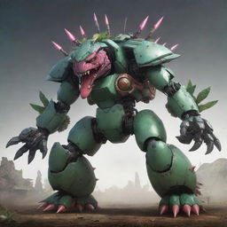 Concept art of a super mecha Venusaur loaded with various futuristic weapons. The design blends organic elements of Venusaur with the intimidating aura of a colossal warfare machine, reflecting a darkened industrial sci-fi universe.