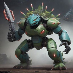 Concept art of a super mecha Venusaur loaded with various futuristic weapons. The design blends organic elements of Venusaur with the intimidating aura of a colossal warfare machine, reflecting a darkened industrial sci-fi universe.