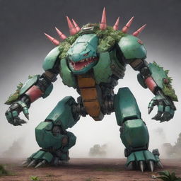 Concept art of a super mecha Venusaur loaded with various futuristic weapons. The design blends organic elements of Venusaur with the intimidating aura of a colossal warfare machine, reflecting a darkened industrial sci-fi universe.