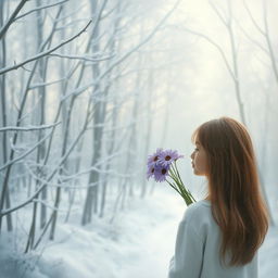 A winter landscape depicted in a delicate and symbolic way, featuring a snow-covered forest in soft, muted tones where every branch seems to tell its own story