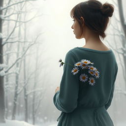 A winter landscape depicted in a delicate and symbolic way, featuring a snow-covered forest in soft, muted tones where every branch seems to tell its own story