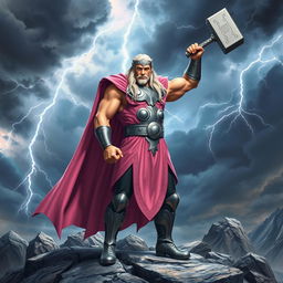 A powerful and heroic depiction of Thor, the Norse god of thunder, dressed in a striking light pink costume that features intricate silver detailing
