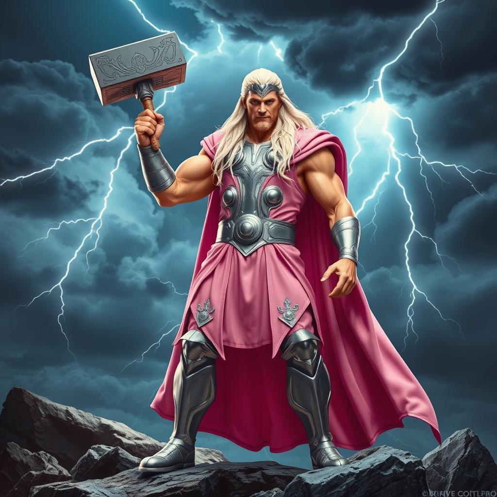 A powerful and heroic depiction of Thor, the Norse god of thunder, dressed in a striking light pink costume that features intricate silver detailing