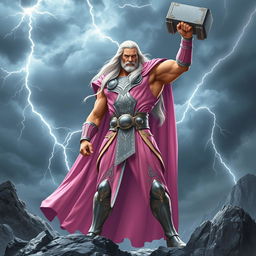 A powerful and heroic depiction of Thor, the Norse god of thunder, dressed in a striking light pink costume that features intricate silver detailing