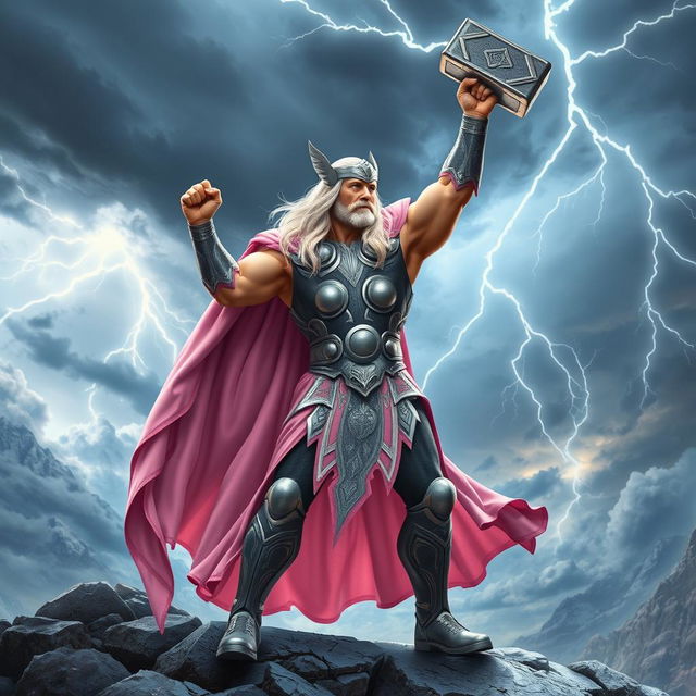 A powerful and heroic depiction of Thor, the Norse god of thunder, dressed in a striking light pink costume that features intricate silver detailing