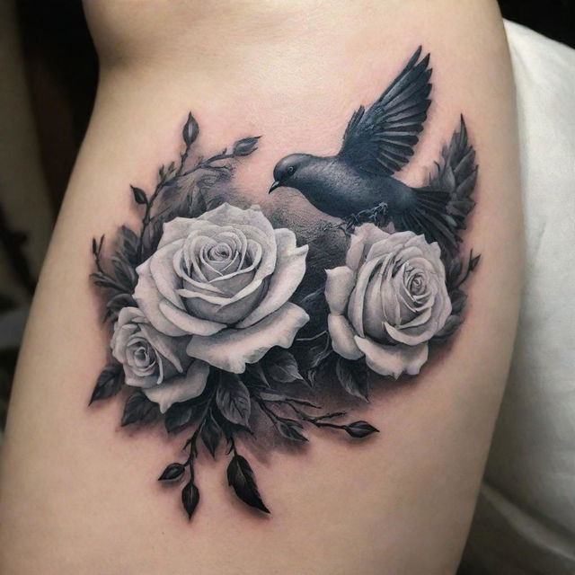 A tasteful tattoo featuring pristine white roses intertwined with black doves in flight, creating a striking contrast of life and peace