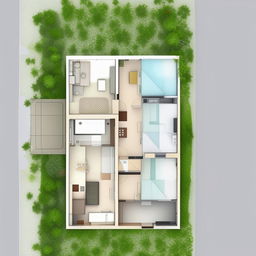 A detailed floor plan for a one bedroom flat, ideally suited for students, with interior shower and toilet, specifically designed to fit within a 1072 square meter land.